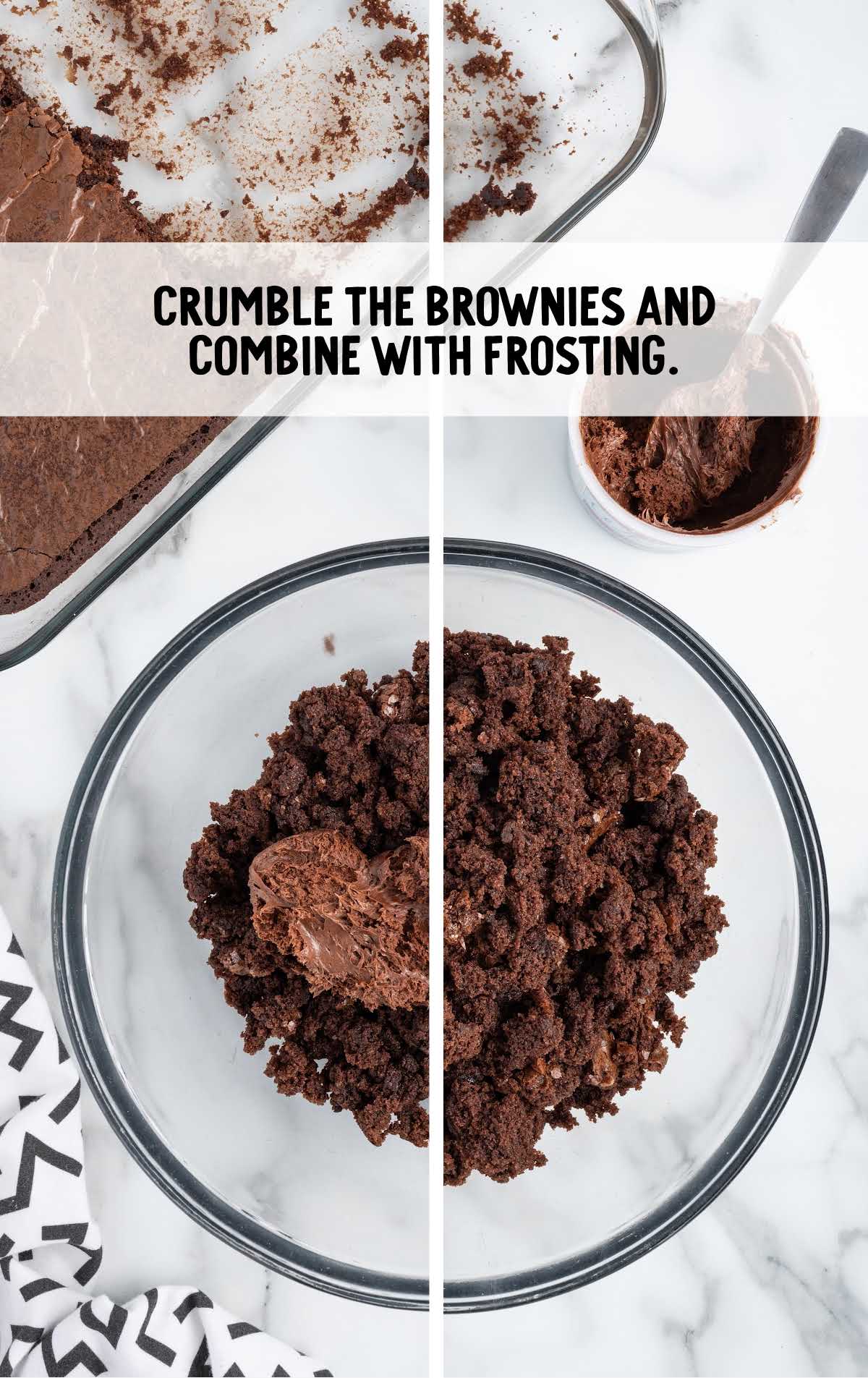 crumbled brownies and frosting combined in a bowl