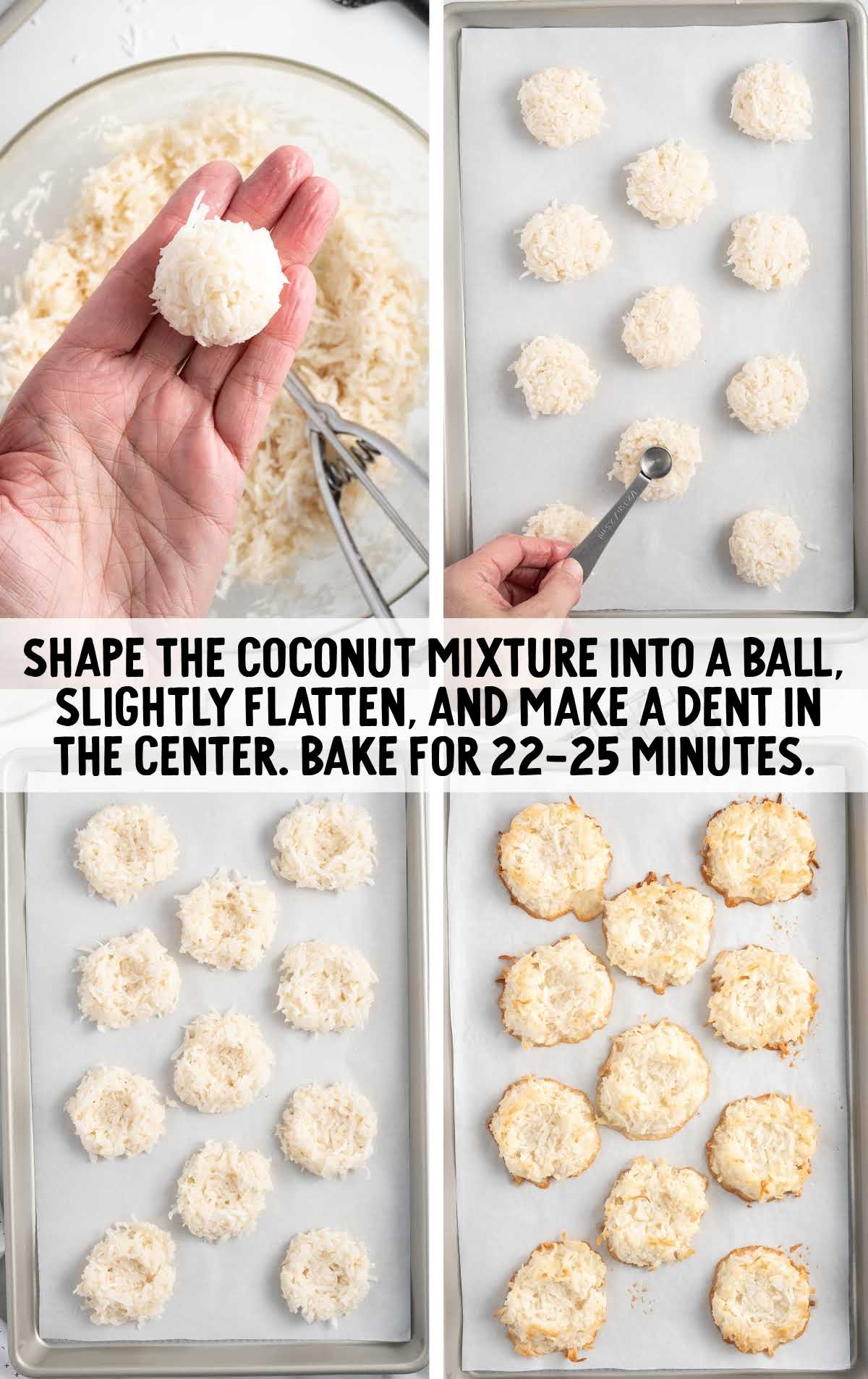 coconut mixture scooped into a ball, placed on a baking sheet, flattened, then baked