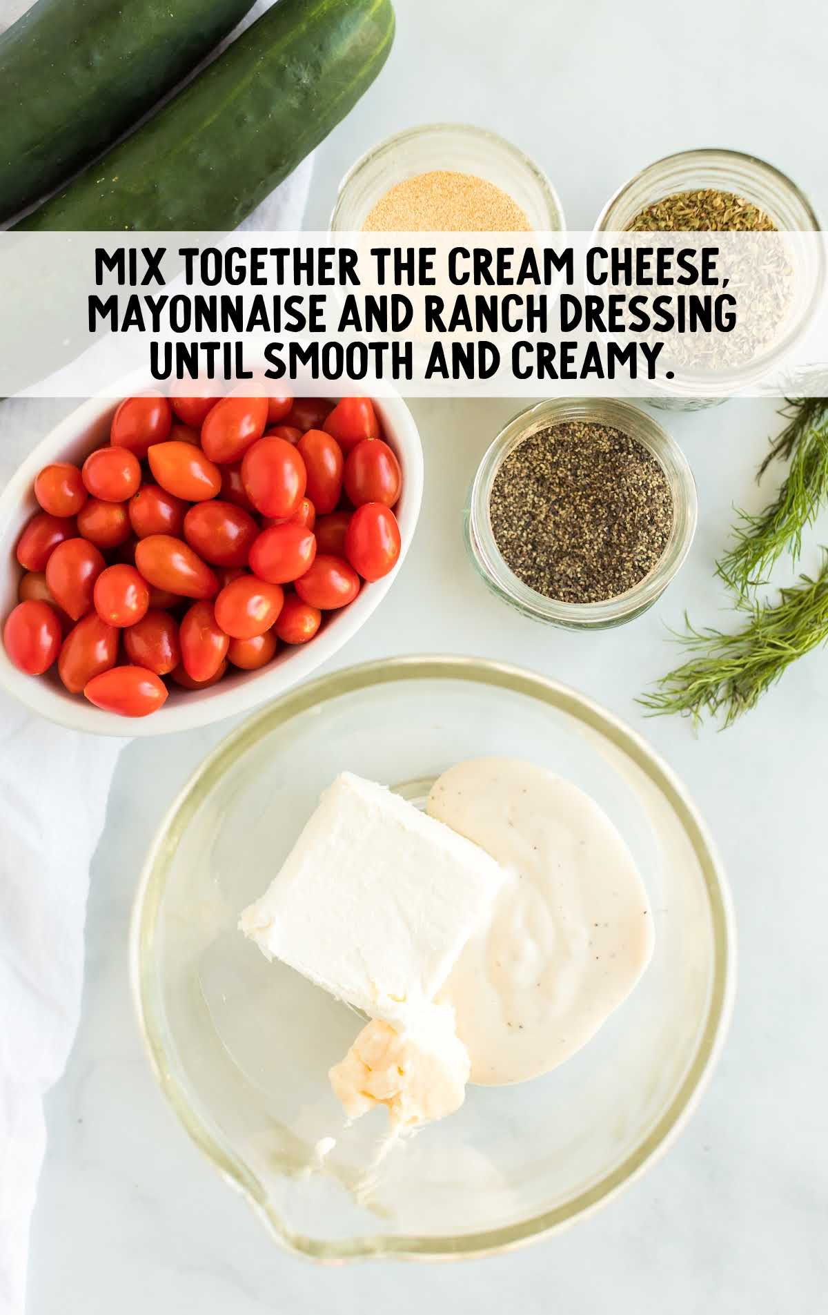 cream cheese, mayonnaise, and ranch dressing combined in a bowl