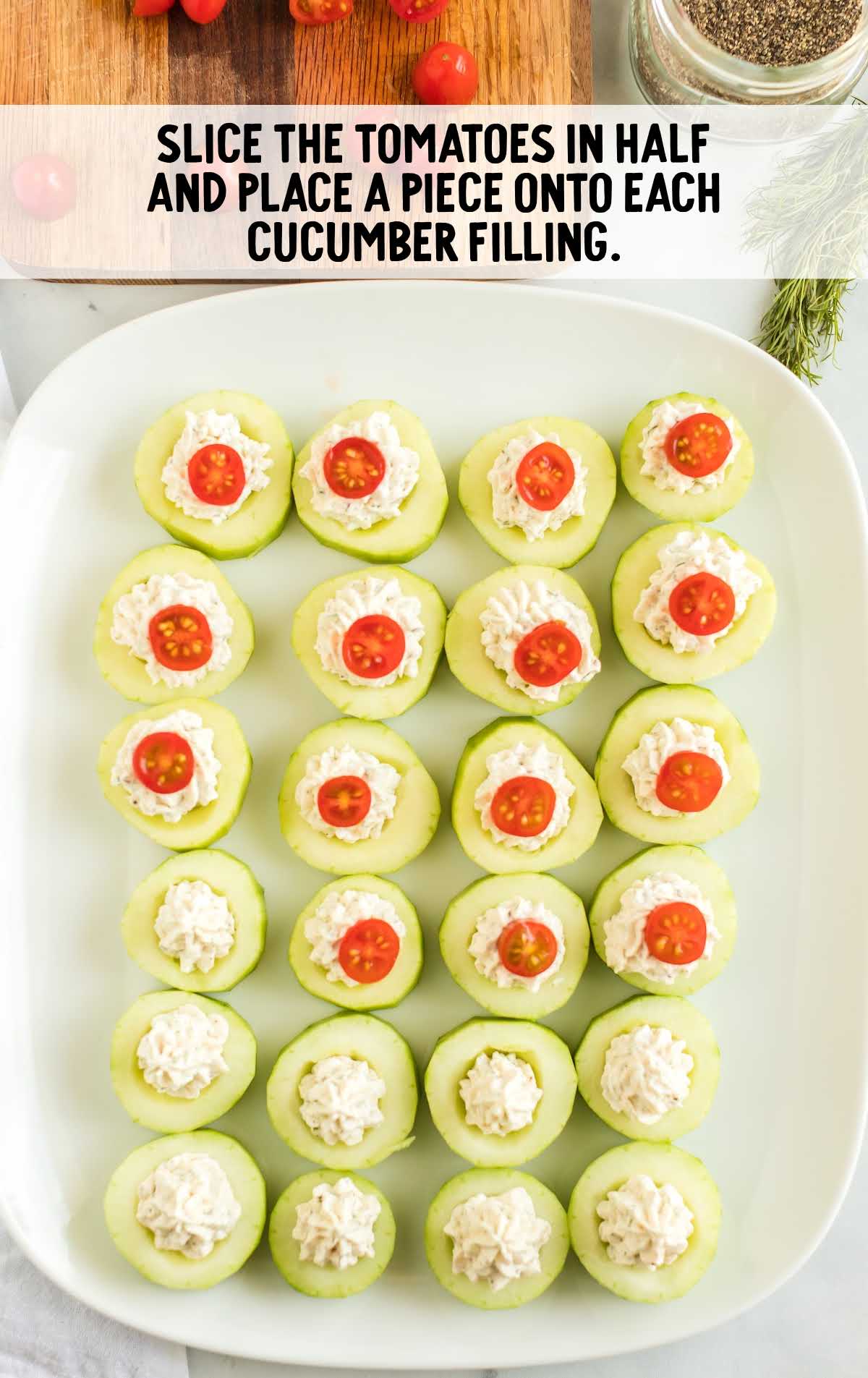 cucumber filling topped with slice tomatoes 