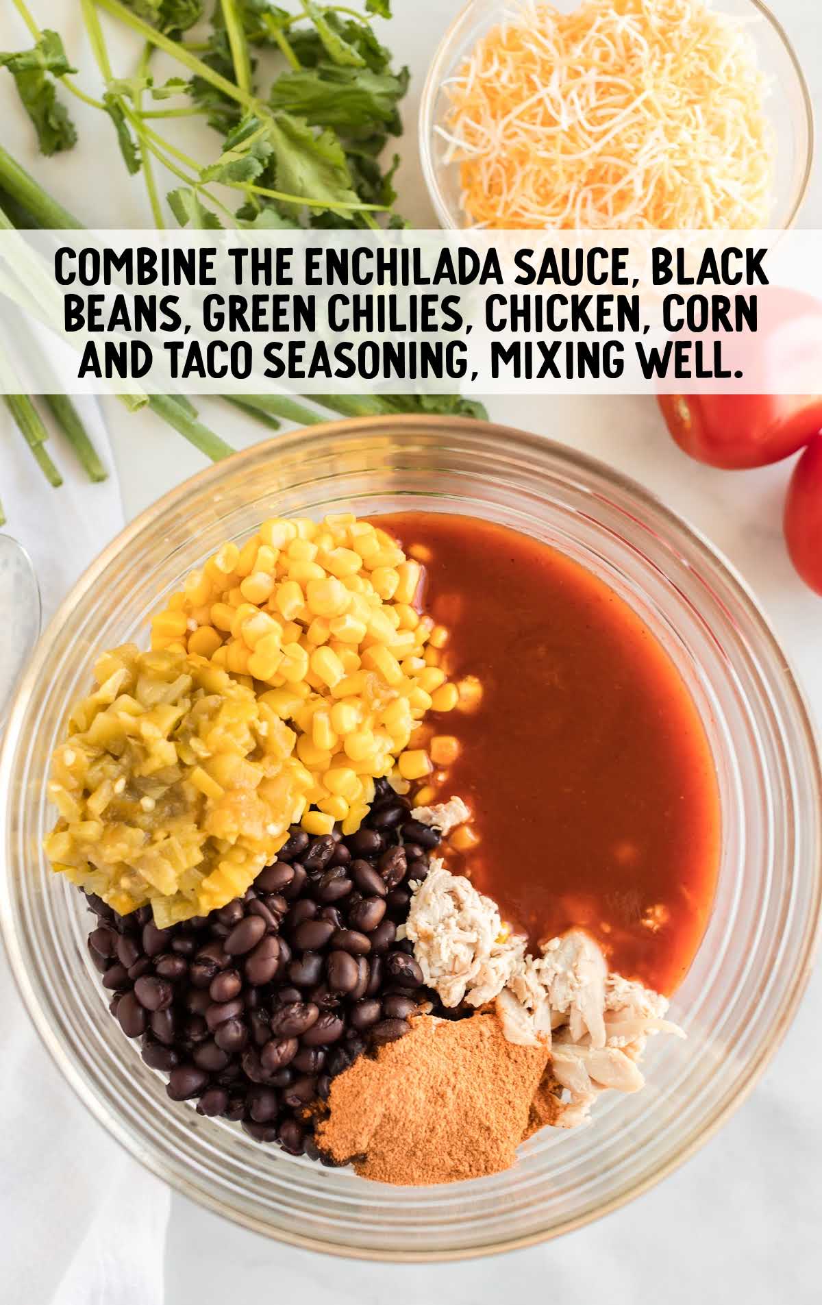 enchilada sauce, black beans, green chilies, chicken, corn, and taco seasoning combined in a bowl