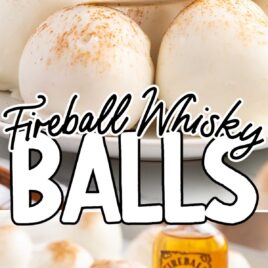 a close up shot of Fireball Whisky Balls piled on top of each other on a plate with one having a bite taken out of it