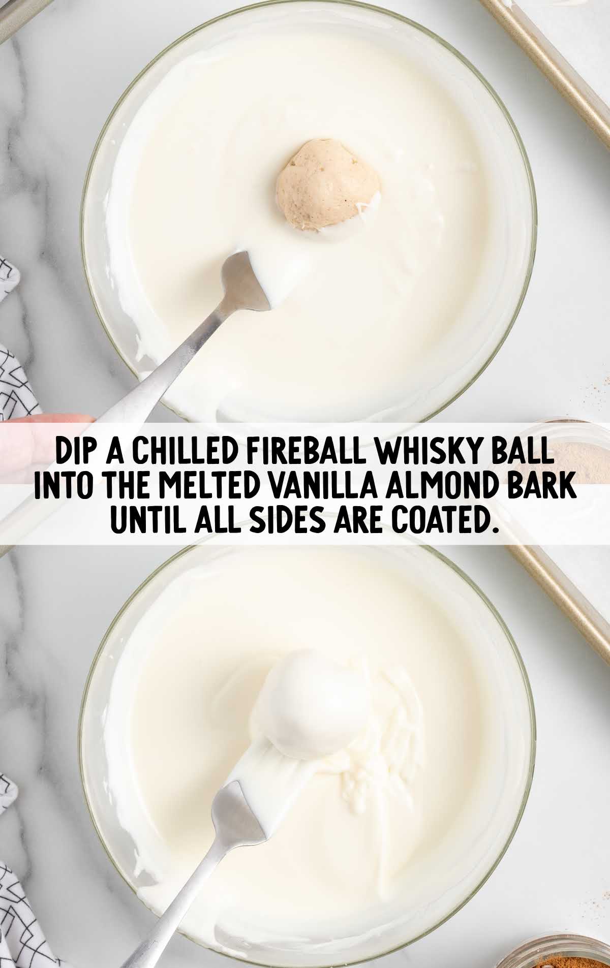 balls dipped into the melted vanilla almond bark