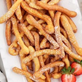 overhead shot of Funnel Cake Fries on a plate