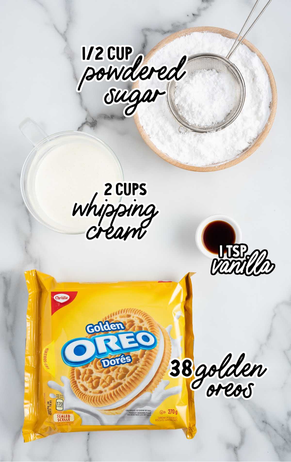 Golden Oreo Dessert raw ingredients that are labeled