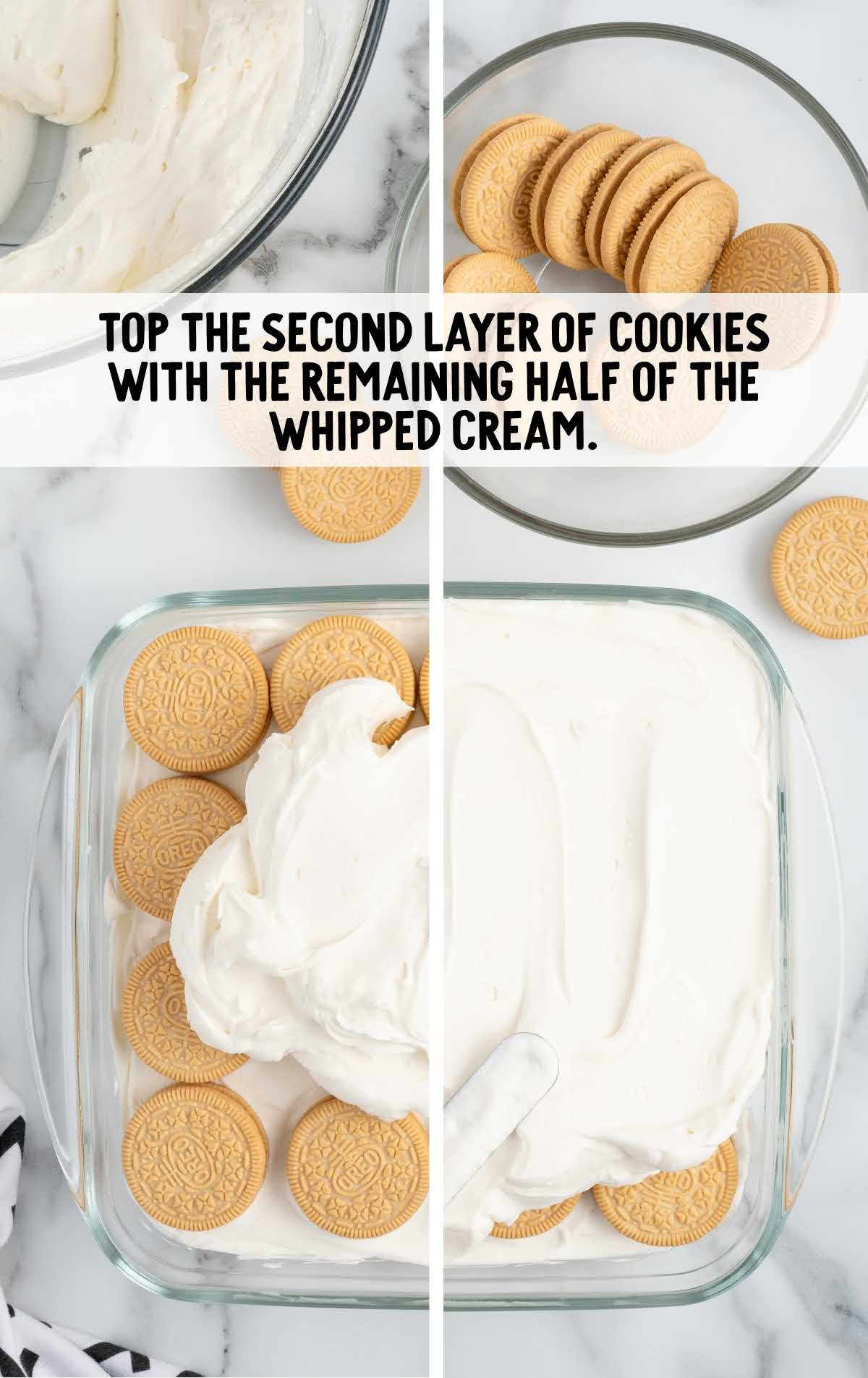second layer of cookies topped with whipped cream