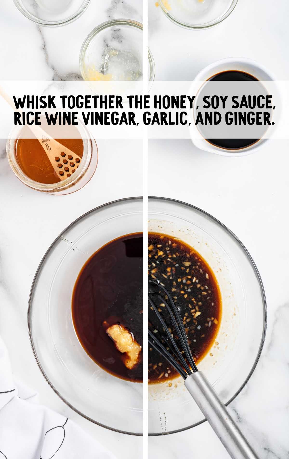 honey, low-sodium soy sauce, seasoned rice wine vinegar, minced garlic, and grated ginger whisked together in a bowl