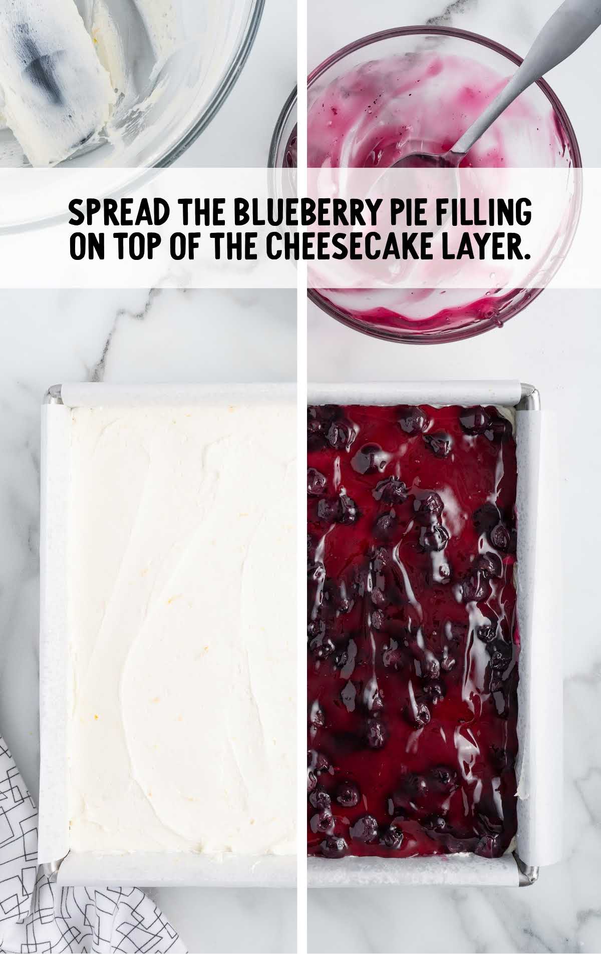 blueberry pie filling spread over the cheesecake layer