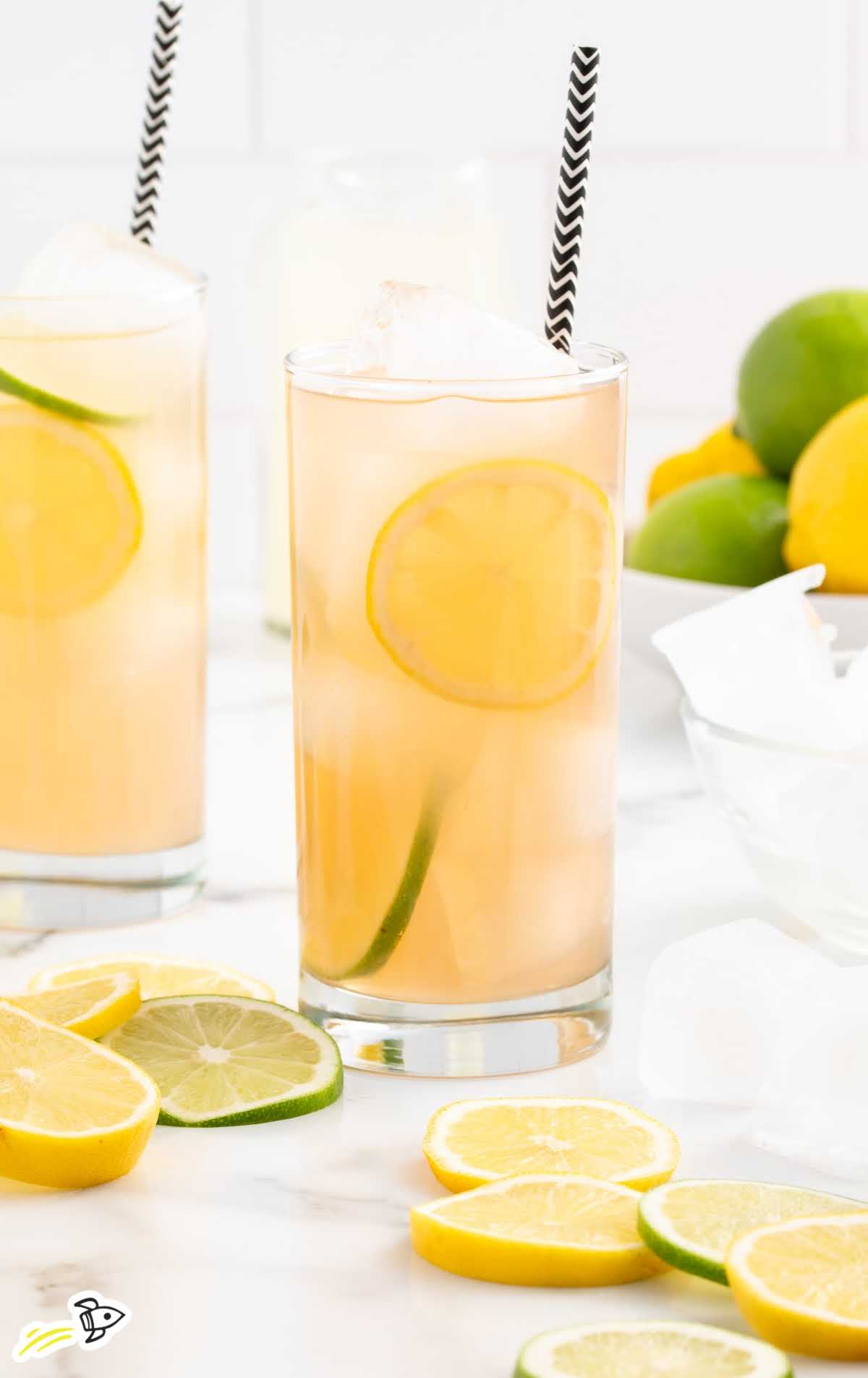 close up shot of a glass of Lemon Lime Bitters with slices of lemon and lime with straws