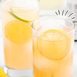 close up shot of glasses of Lemon Lime Bitters with slices of lemon and lime