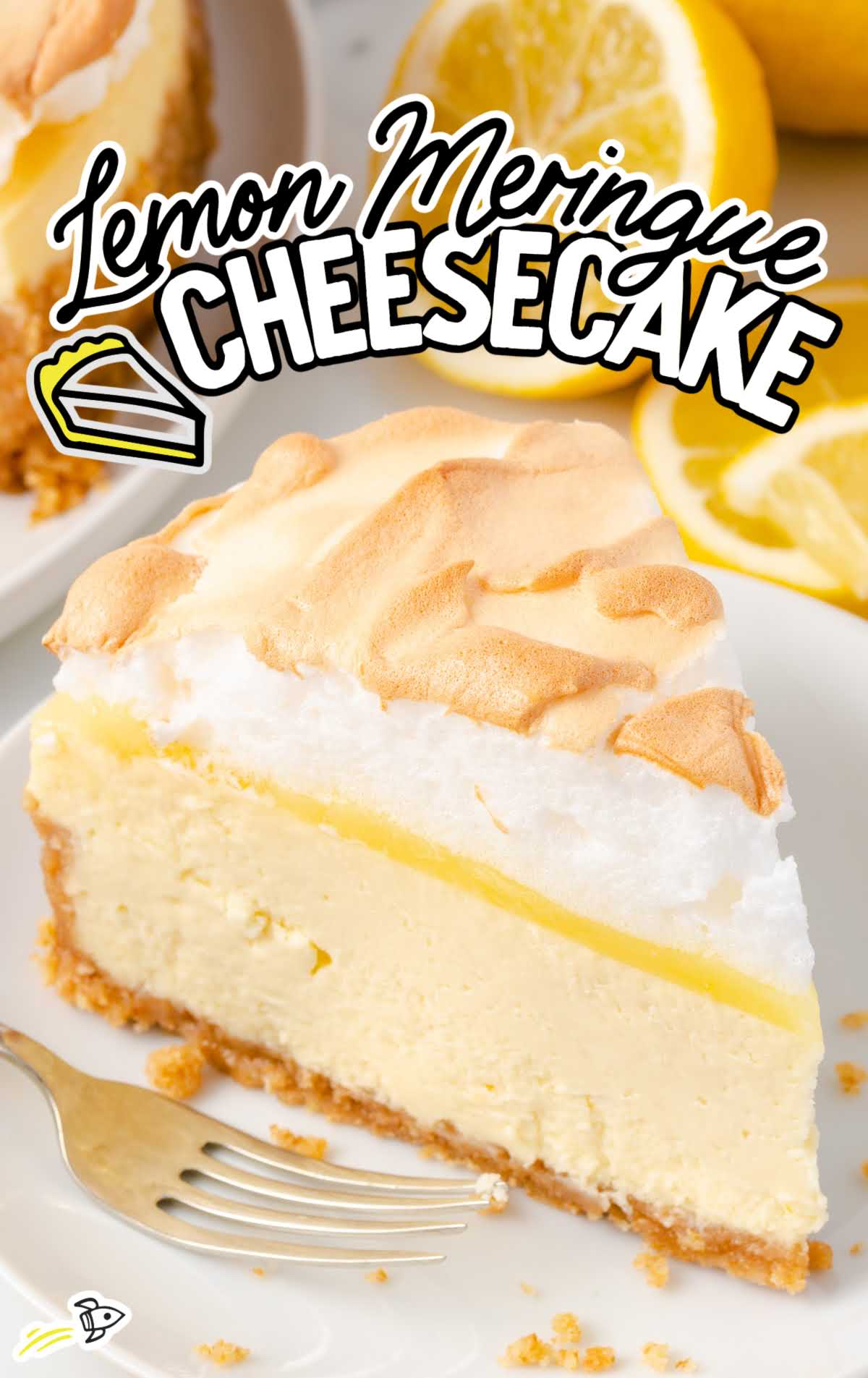 a close-up shot of a slice of Lemon Meringue Cheesecake on a plate