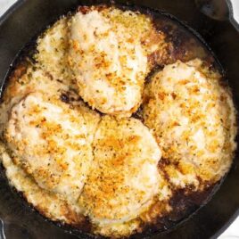overhead shot of a pot of Parmesan Crusted Chicken