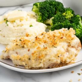 close up shot of a plate of parmesan crusted chicken served with mashed potatoes and the broccoli