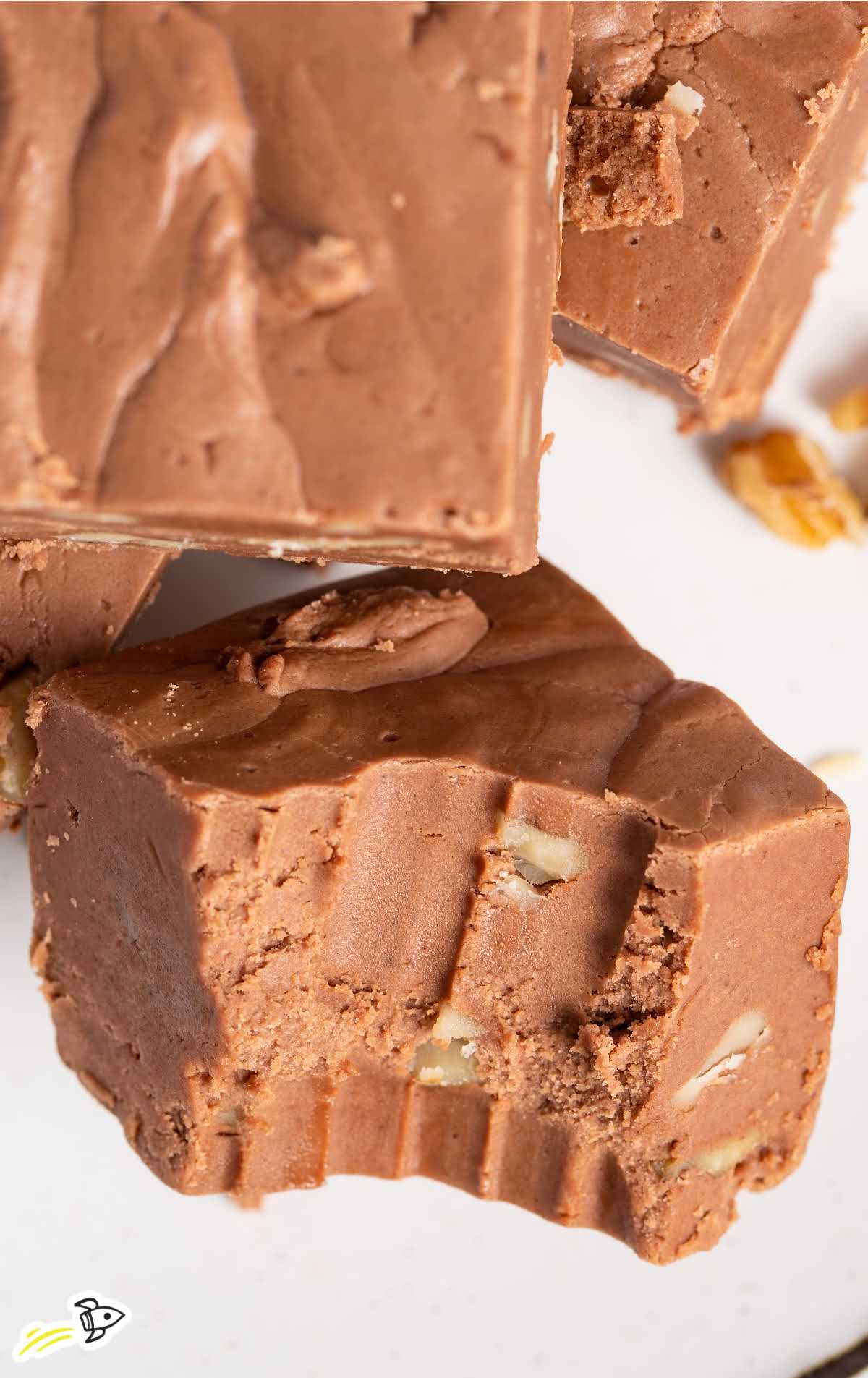 close up shot of a Marshmallow Fluff Fudge with a bite taken out of it