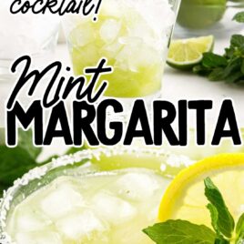 close up shot of a glass of Mint Margarita topped with a slice of lemon and mint