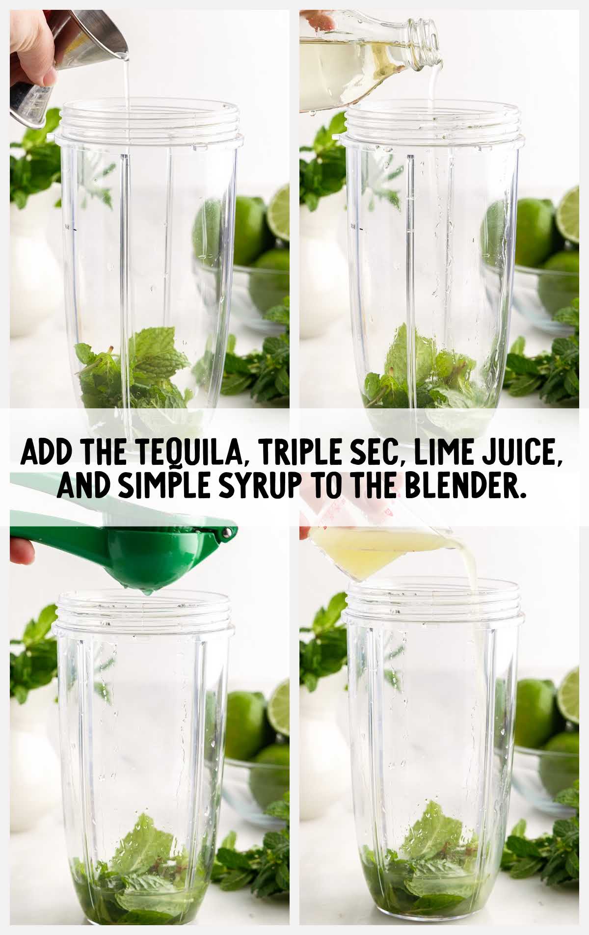 tequila, triple sec, lime juice, and simple syrup added to the blender