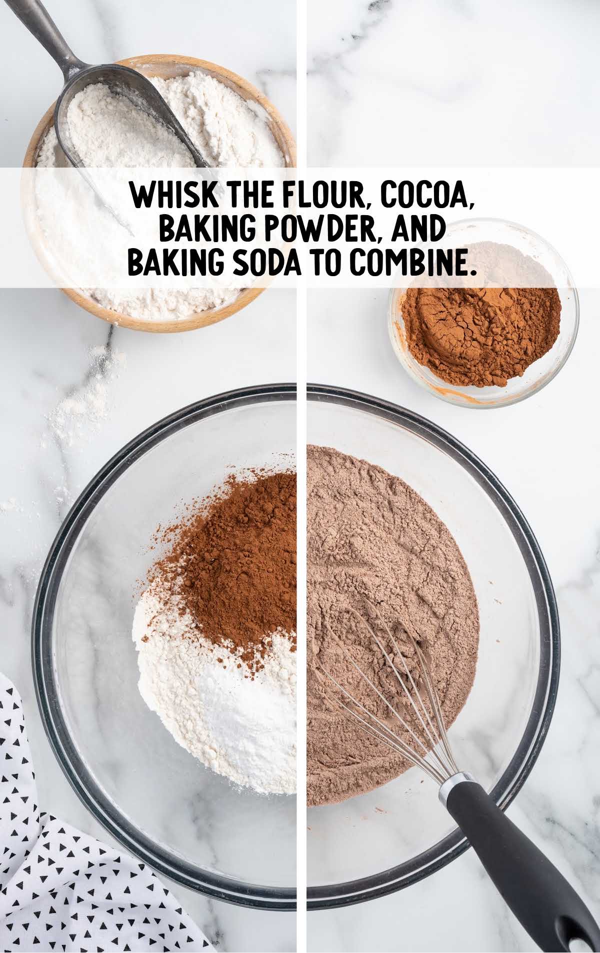flour, cocoa powder, baking powder, and baking soda combined in a bowl