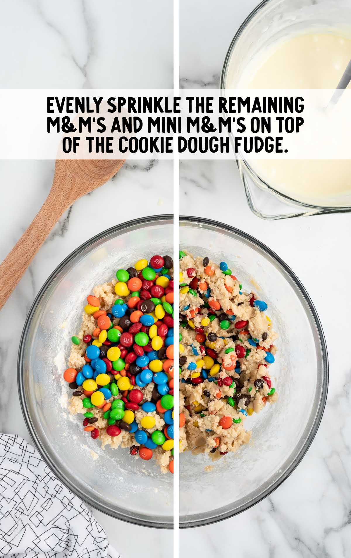 m&ms sprinkled on top of the cookie dough fudge in a bowl