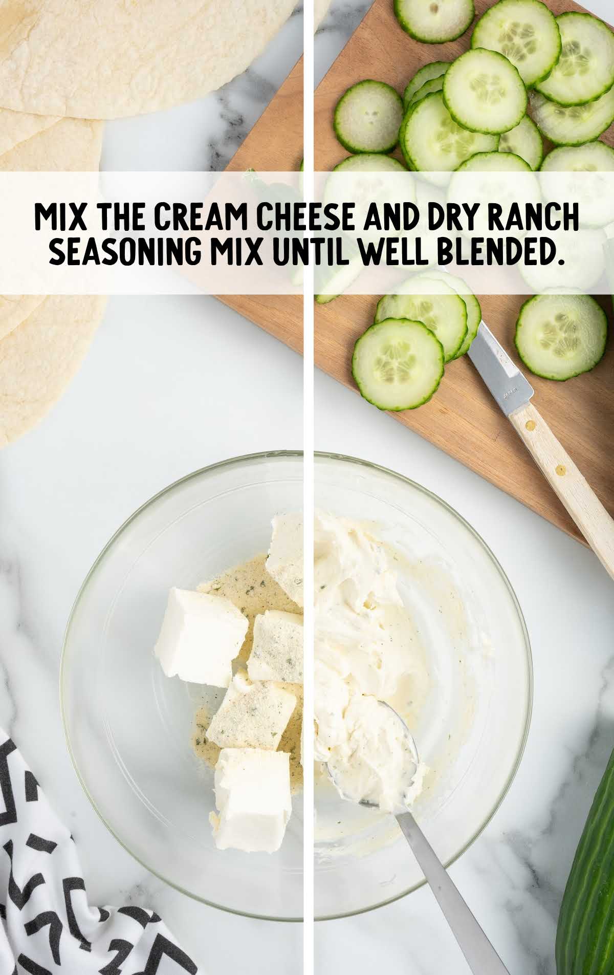 cream cheese and dry ranch seasonings combined in a bowl
