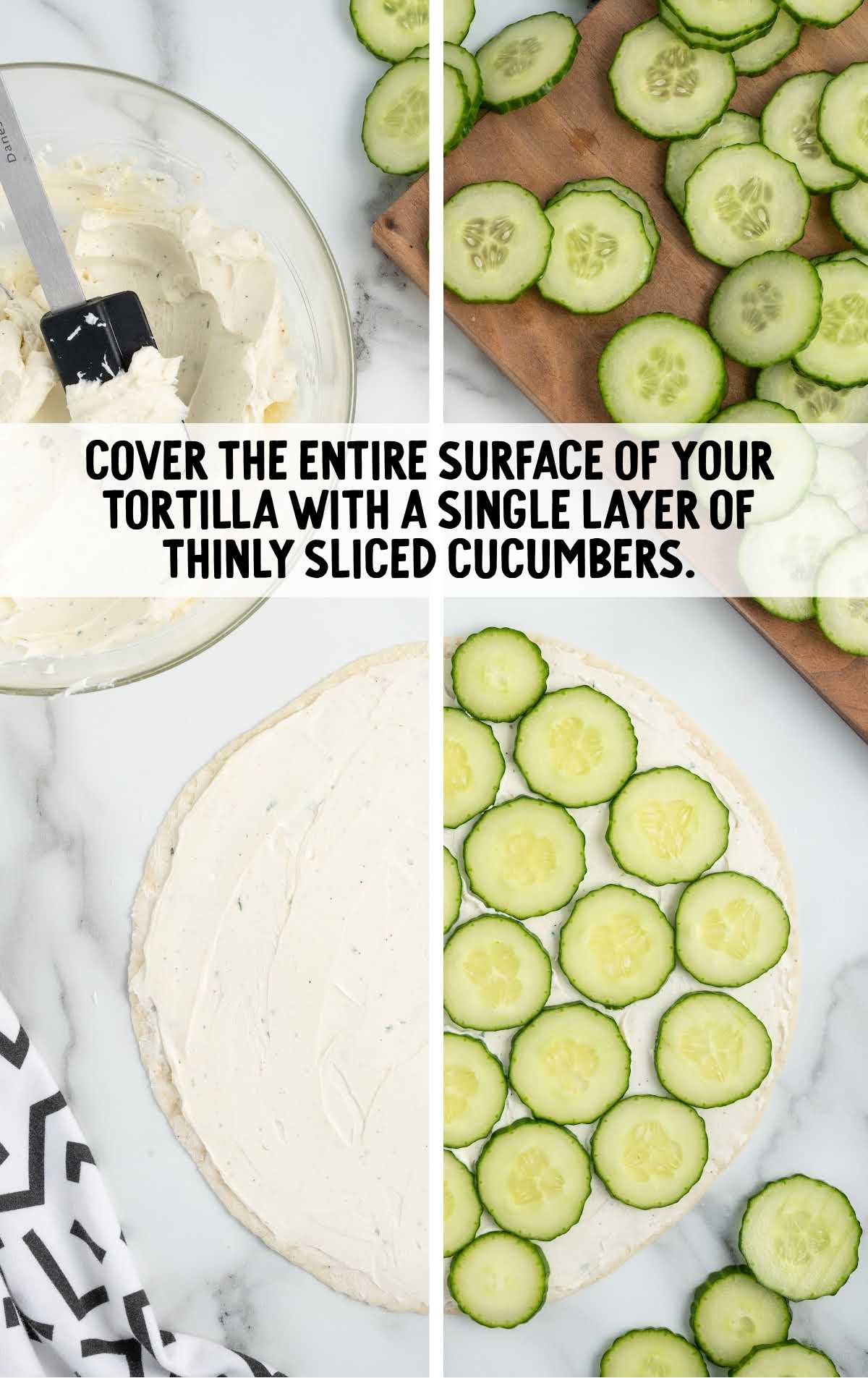 tortilla topped with sliced cucumbers