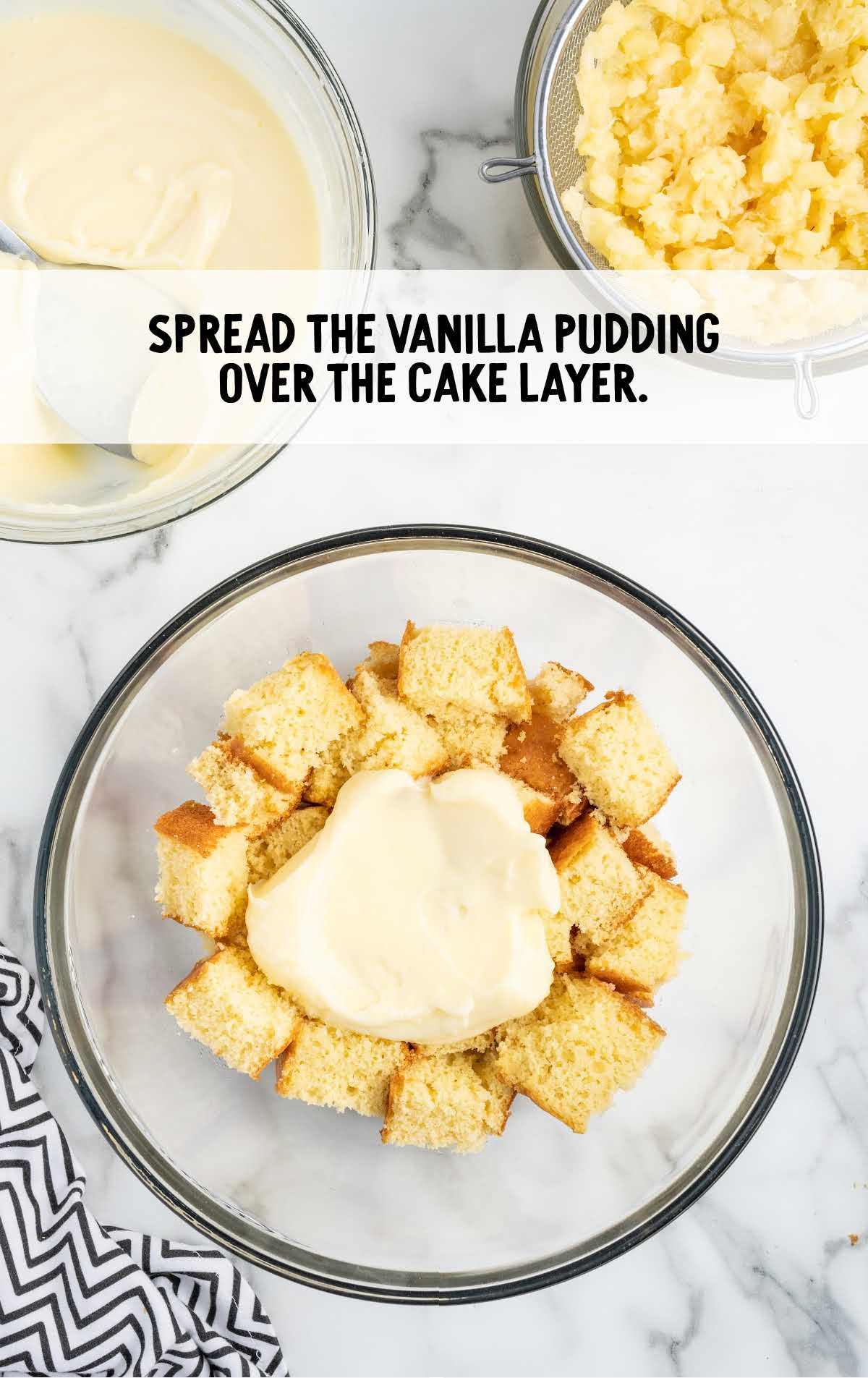 vanilla pudding spread over the cake layer