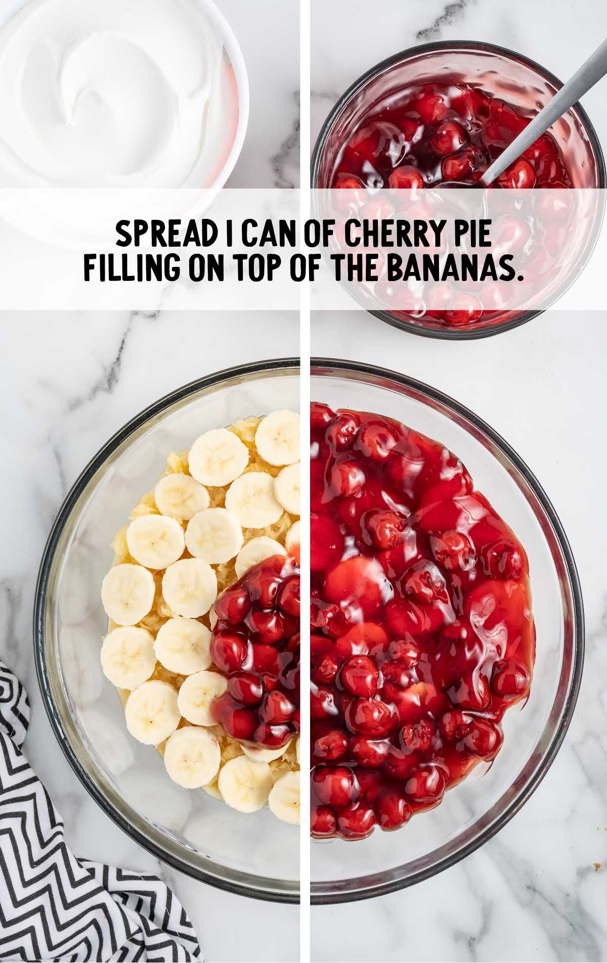 cherry pie filling spread on top of bananas