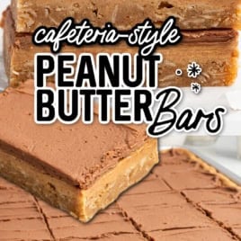 Three thick, square Lunch Lady Peanut Butter Bars topped with chocolate frosting are stacked on a tray. Text reads: cafeteria-style peanut butter bars, vintage recipe!.