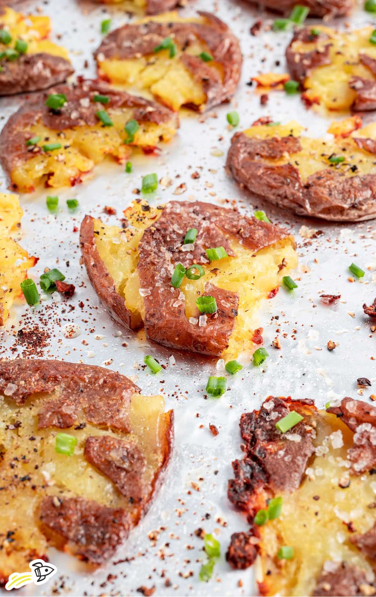 close up shot of pieces of Smashed Red Potatoes