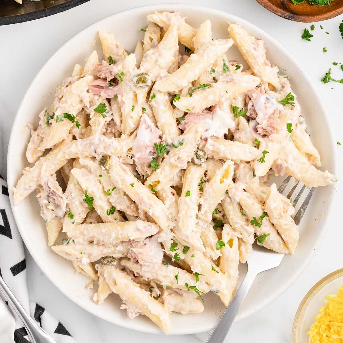 overhead shot of a plate of pasta garnished with parsley