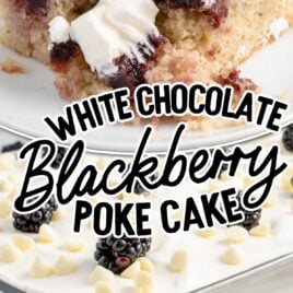 a close-up shot of a slice of White Chocolate Blackberry Poke Cake on a plate with a piece taken by a fork