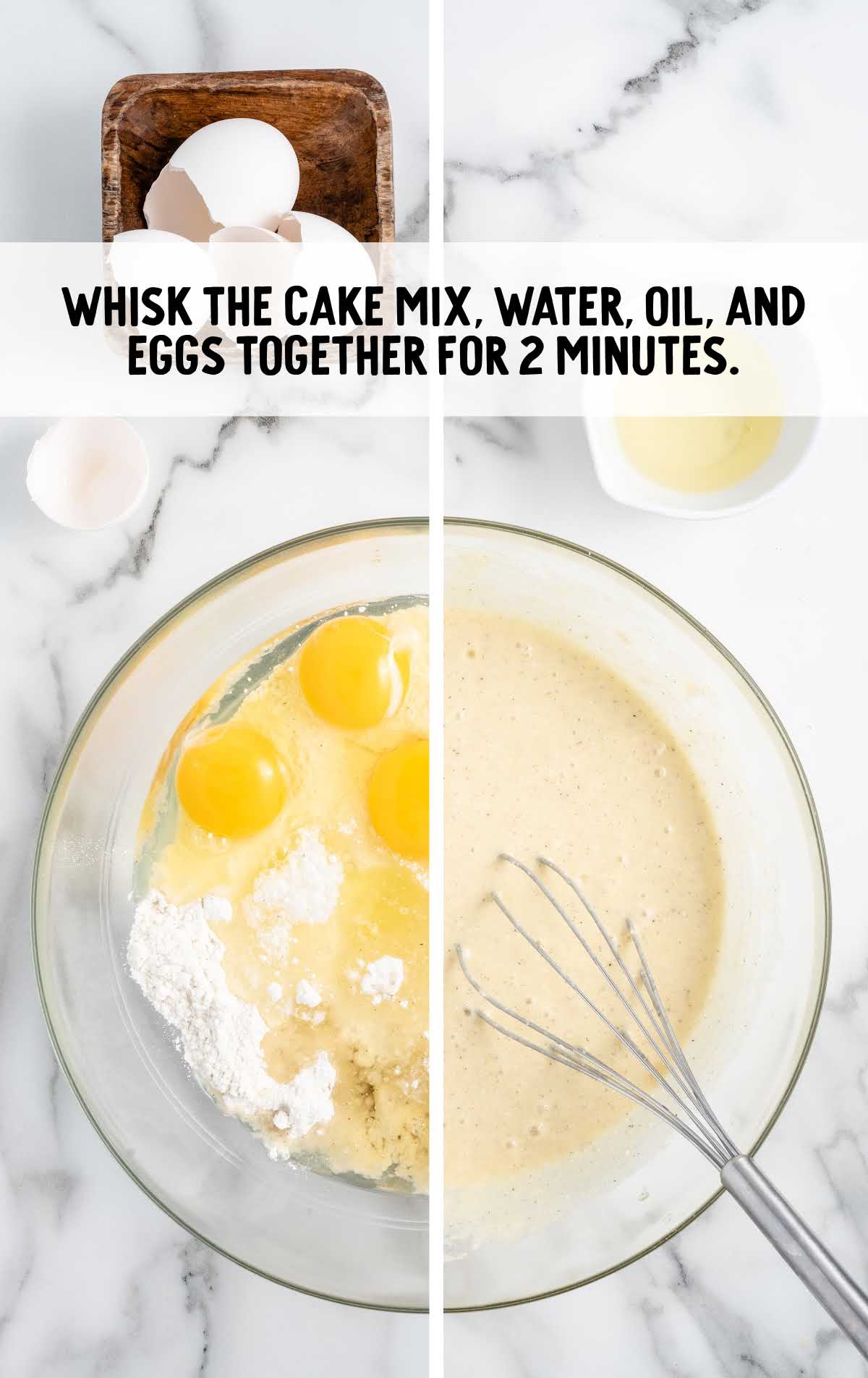 cake mix, water, oil, and eggs whisked