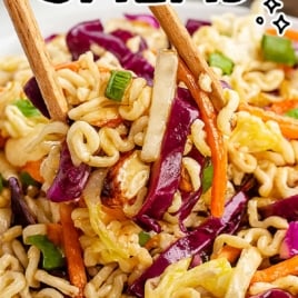 Toasted ramen noodle salad with colorful vegetables and text overlay that says 'Perfect for Summer BBQs'