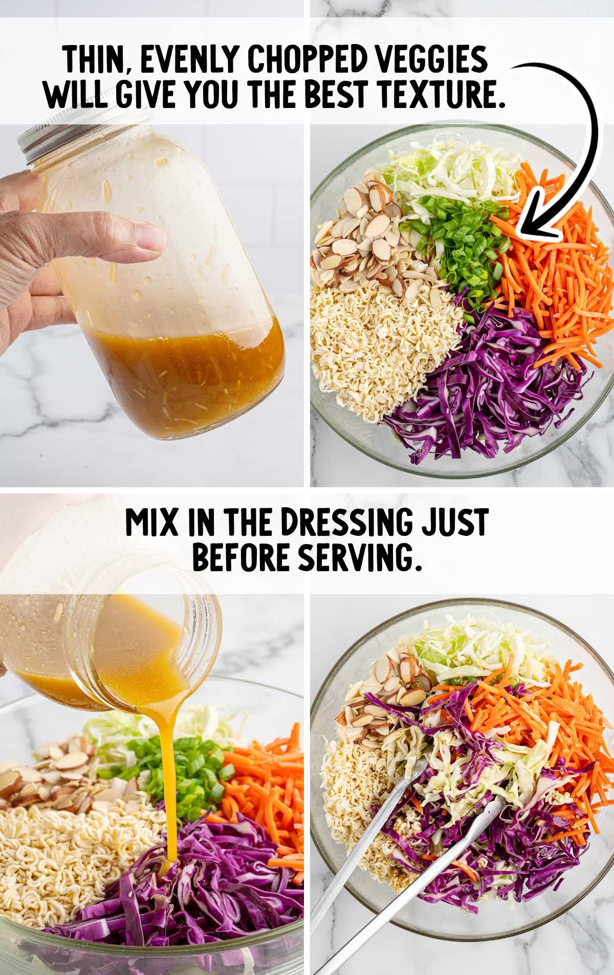 Step-by-step prep shots of ramen noodle salad showing chopped vegetables and dressing being added