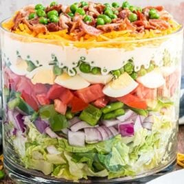 close of shot of a big jar of 7 Layer Salad