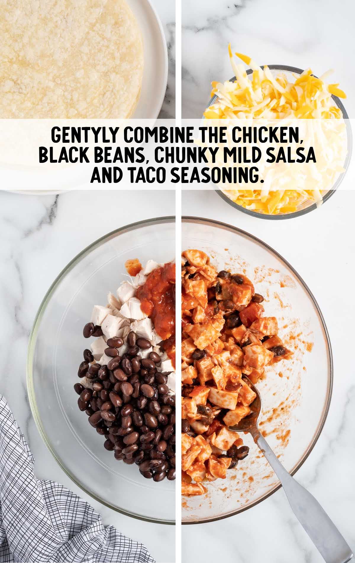 chicken, black bean, chunky mild salsa and taco seasoning combined
