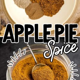 a bowl of apple pie spice ingredients and close up shot of a jar of Apple Pie Spice with a spoon