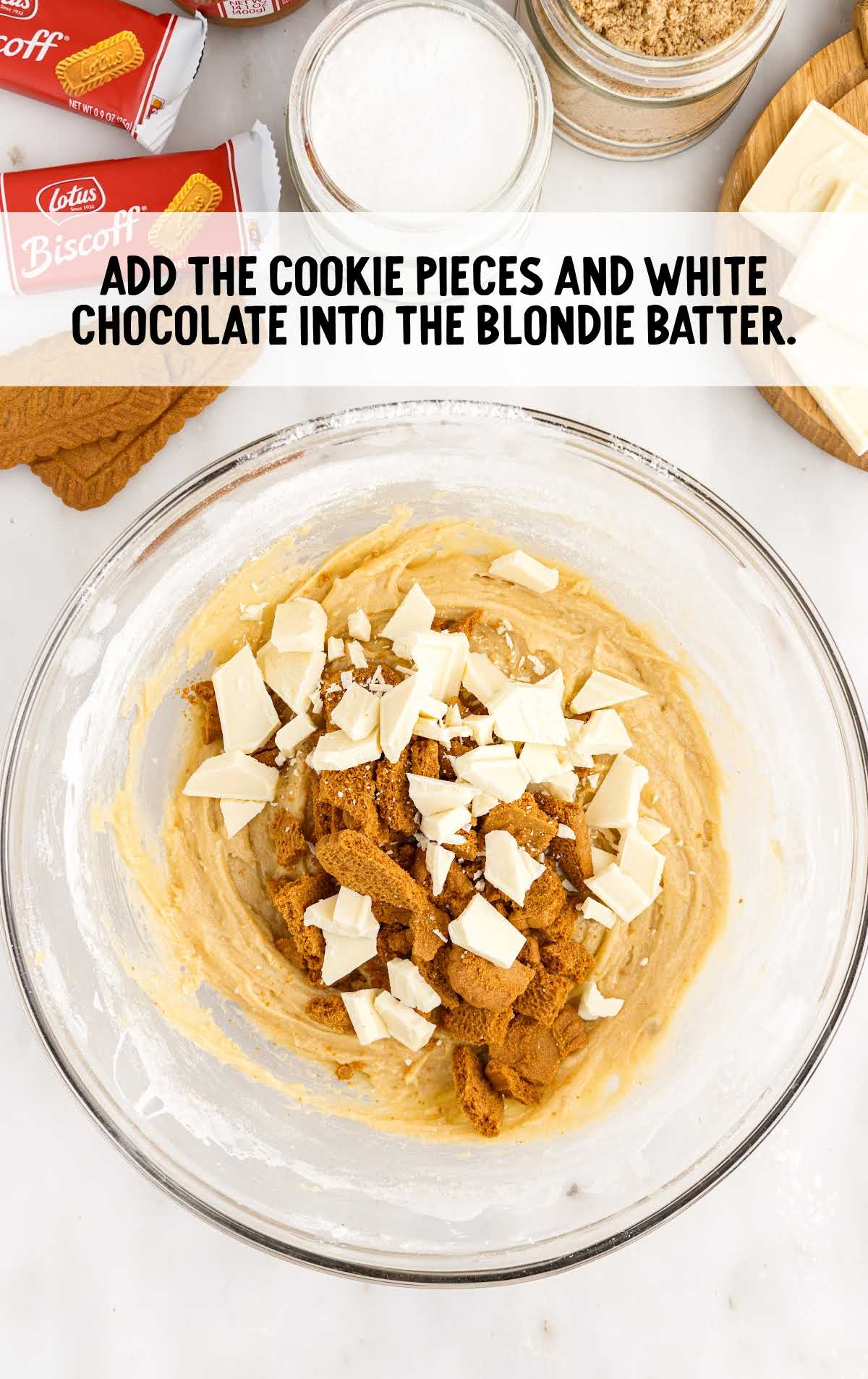 cookie pieces and white chocolate added to the blondie batter