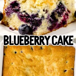 a slice of Blueberry Cake topped with blueberries on a plate