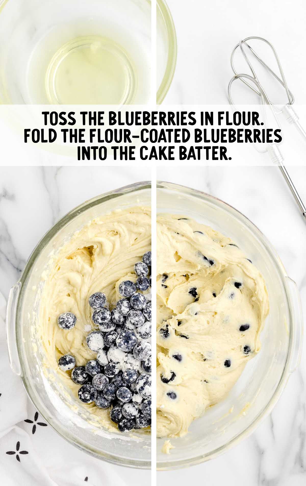 flour-coated blueberries added to the cake batter in a bowl