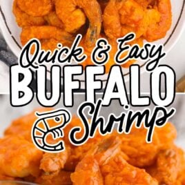 close up shot of a plate of Buffalo Shrimp served with a bowl of ranch