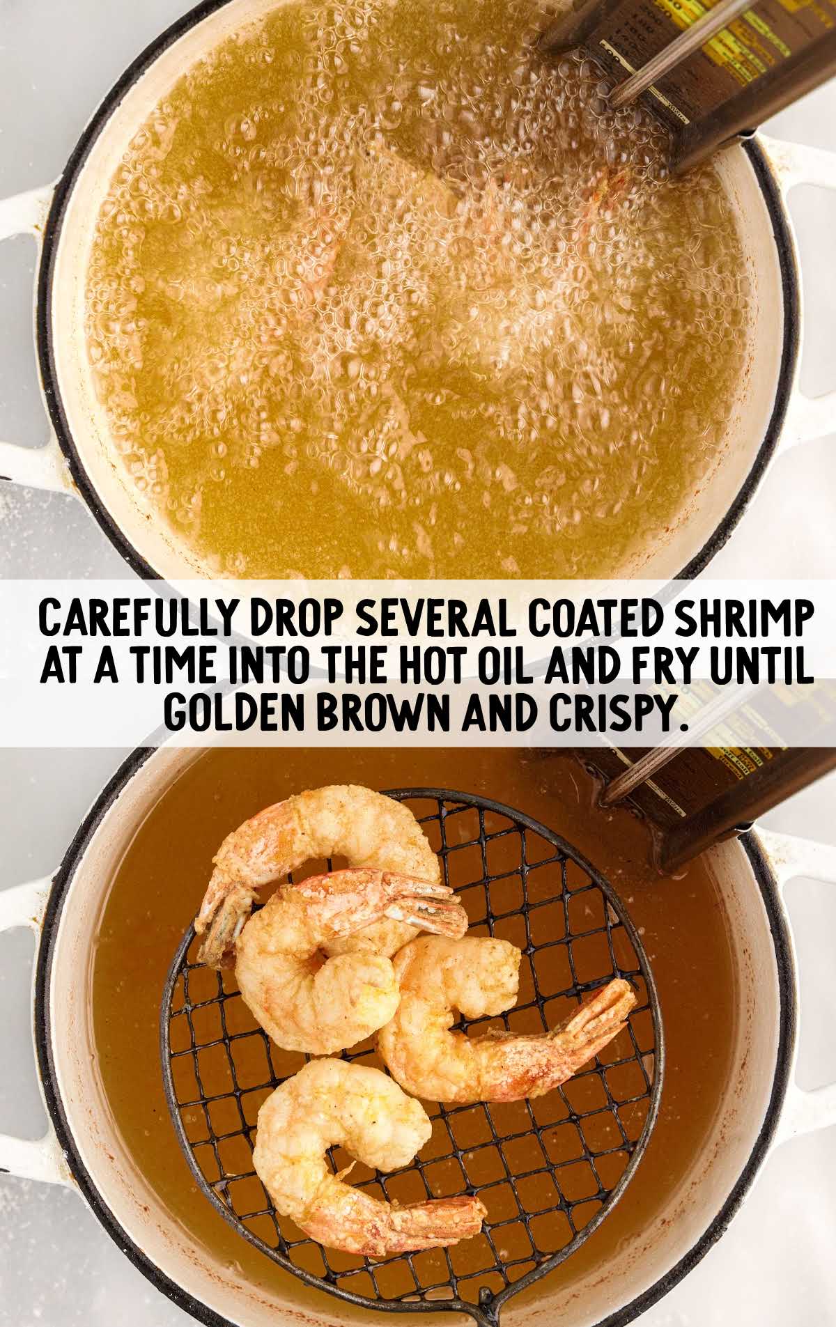 shrimps fried in a pot of hot oil