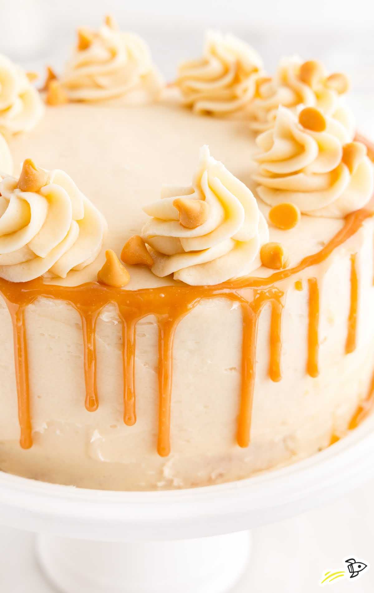 cake topped with whipped cream and caramel sauce on a cake stand