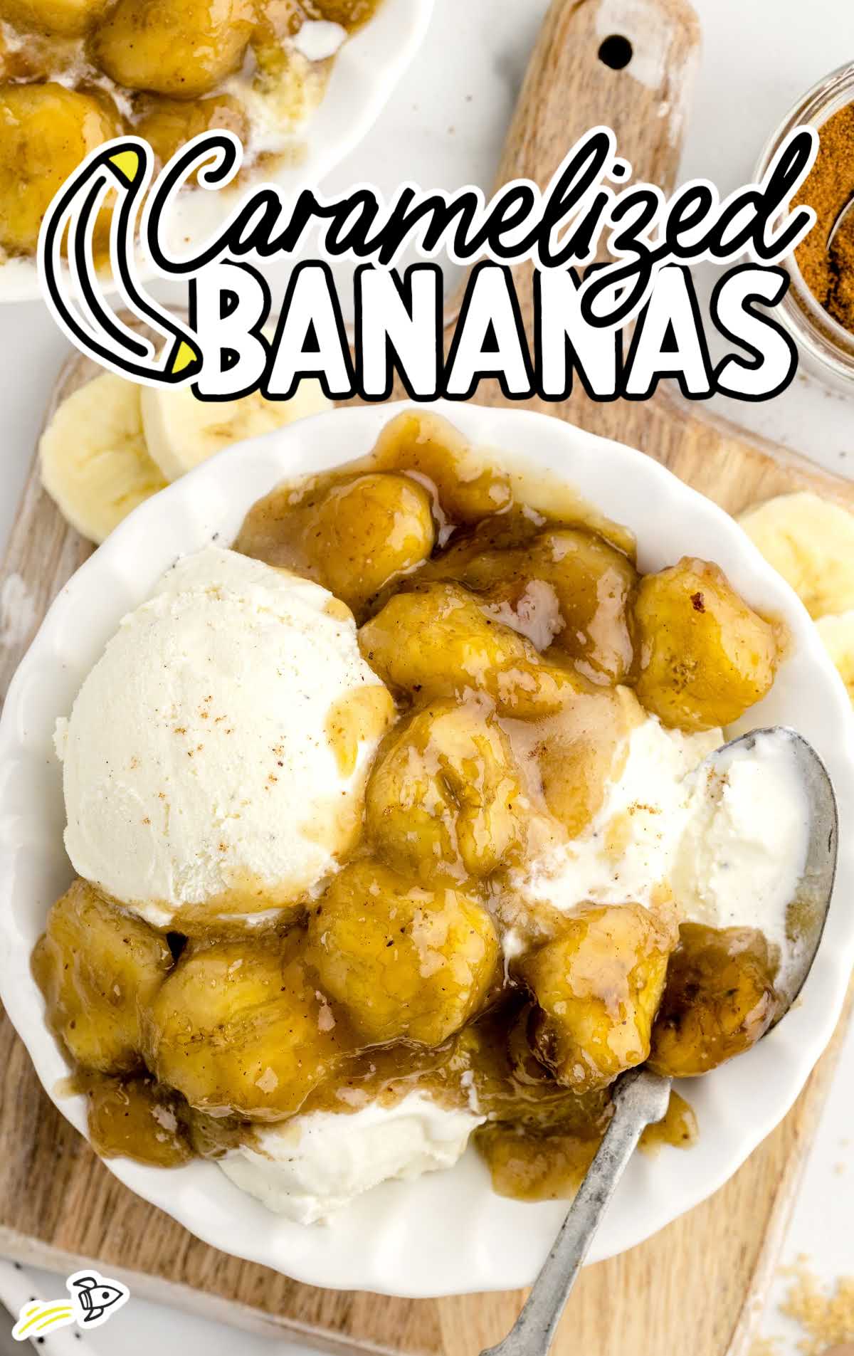overhead shot of Caramelized Bananas with a scoop of ice cream on a plate
