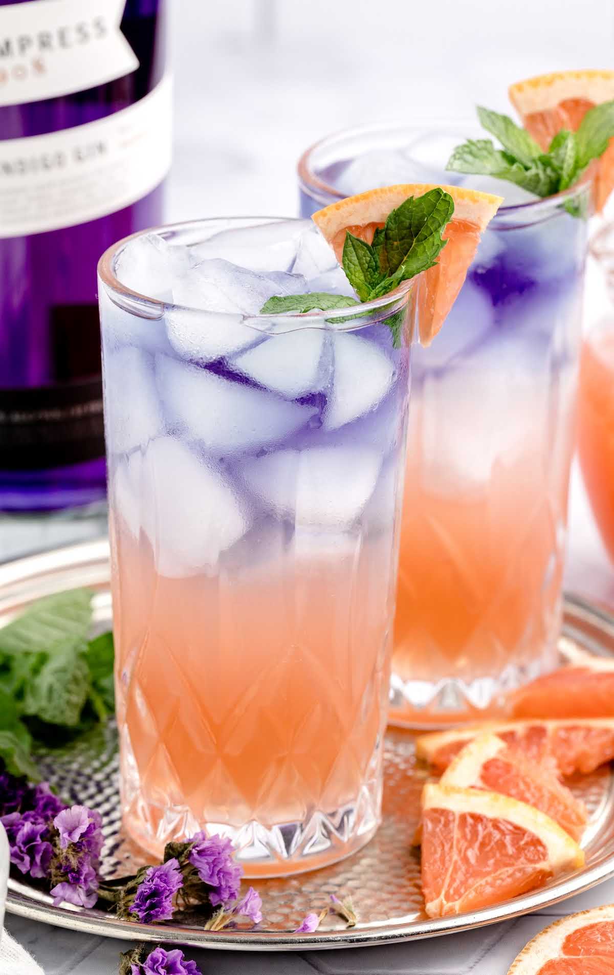 a glass of Empress Gin Cocktail garnished with grapefruit and mint