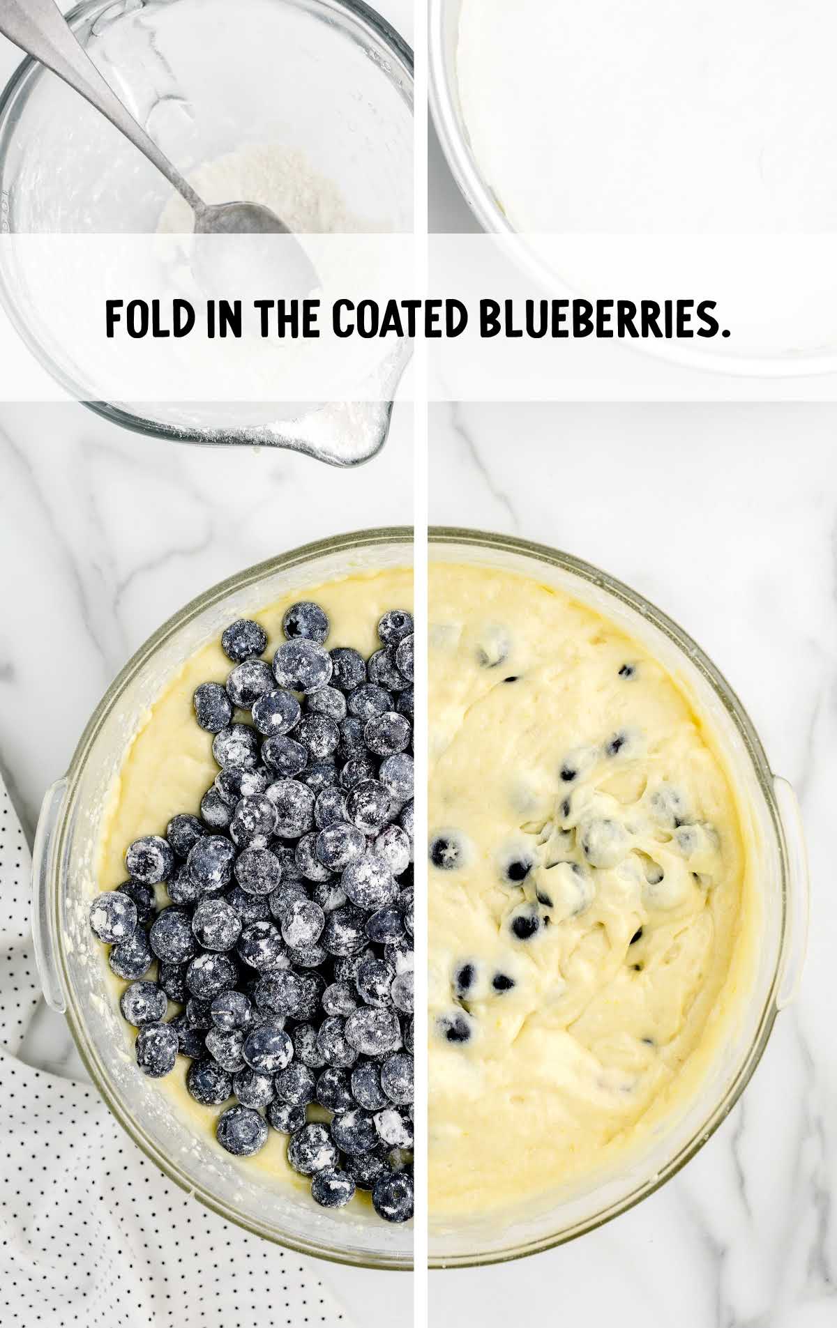 blueberries folded into the cake batter in a bowl