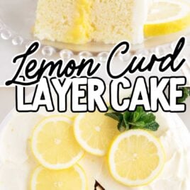 overhead shot of Lemon Curd Cake on a cake stand with a slice taken out