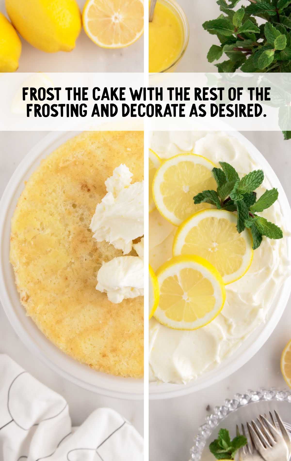 cake decorated with frosting, lemon slices, and mint