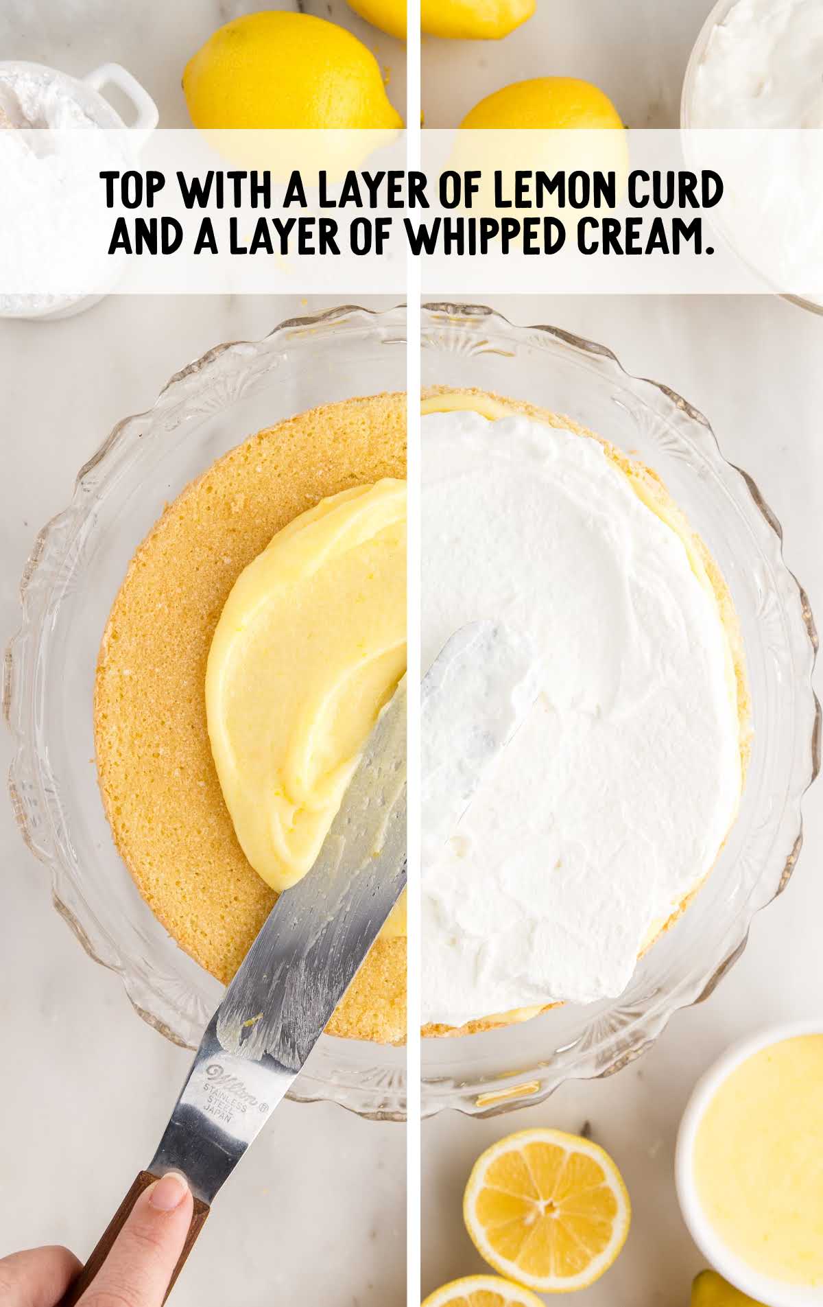 cake topped with lemon curd and whipped cream