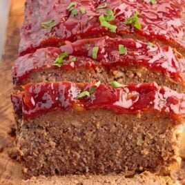 close up shot of Lipton Onion Soup Meatloaf cut into slices on a cutting board