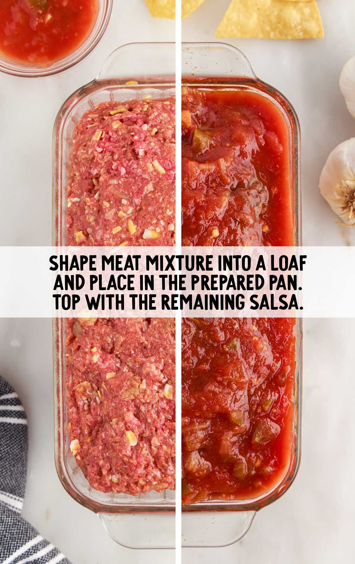 meat mixture shaped into the pan and topped with salsa